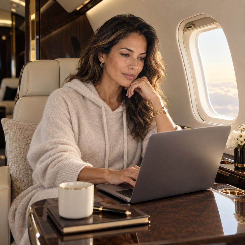 A woman works on a laptop beside the window of a private jet, with a cup and a notebook on the table in front of her.