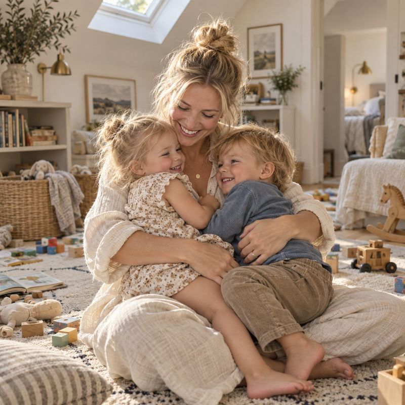A mother sits on a playroom floor, laughing as she hugs her two young children.
