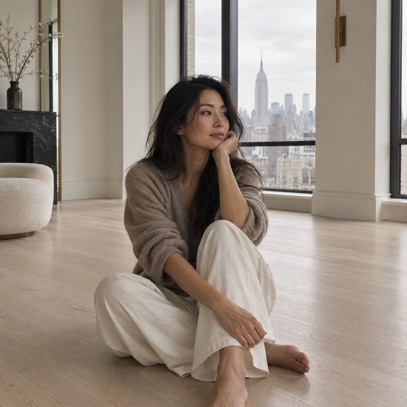A woman sits barefoot on the floor of an empty apartment, looking out at the New York City skyline.