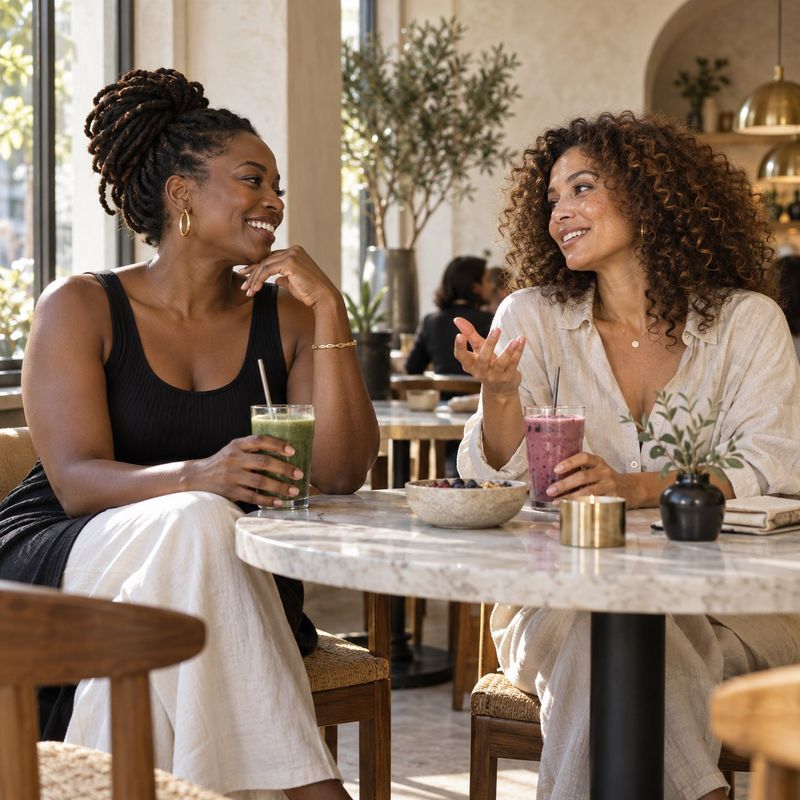 Two women laugh and talk over smoothies at a table in a sunny café.