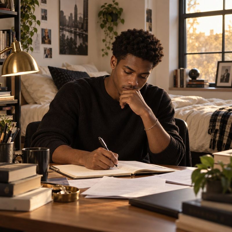 A young man studies at a desk covered in books and papers, taking notes in a notebook.