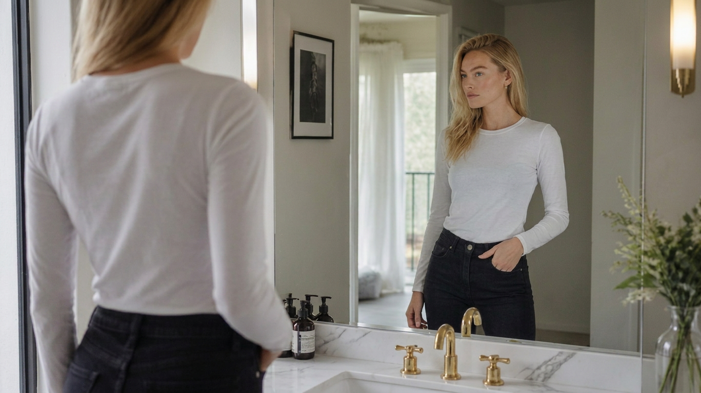 A woman stands at the bathroom mirror, studying her reflection.